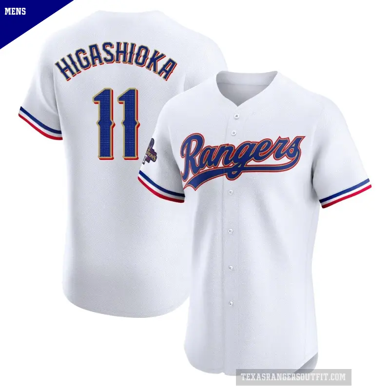 Men's No.11 Kyle Higashioka Texas Rangers Gold Elite White 2024 Collection Jersey