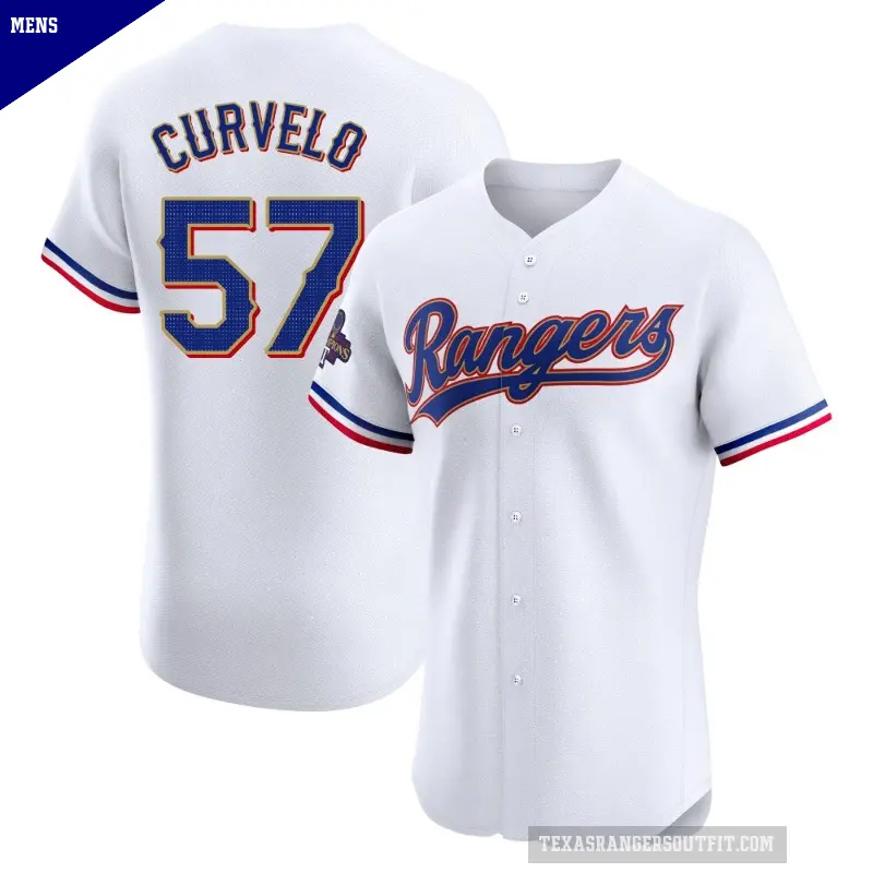 Men's No.57 Luis Curvelo Texas Rangers Gold Elite White 2024 Collection Jersey