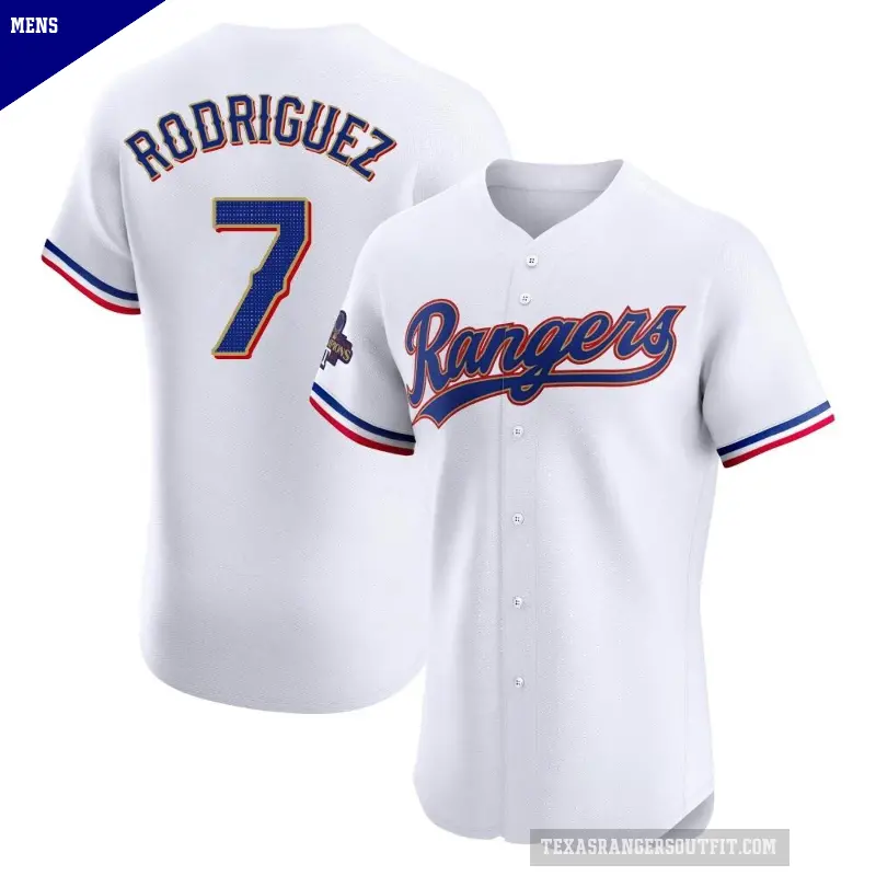 Men's No.7 Ivan Rodriguez Texas Rangers Gold Elite White 2024 Collection Jersey