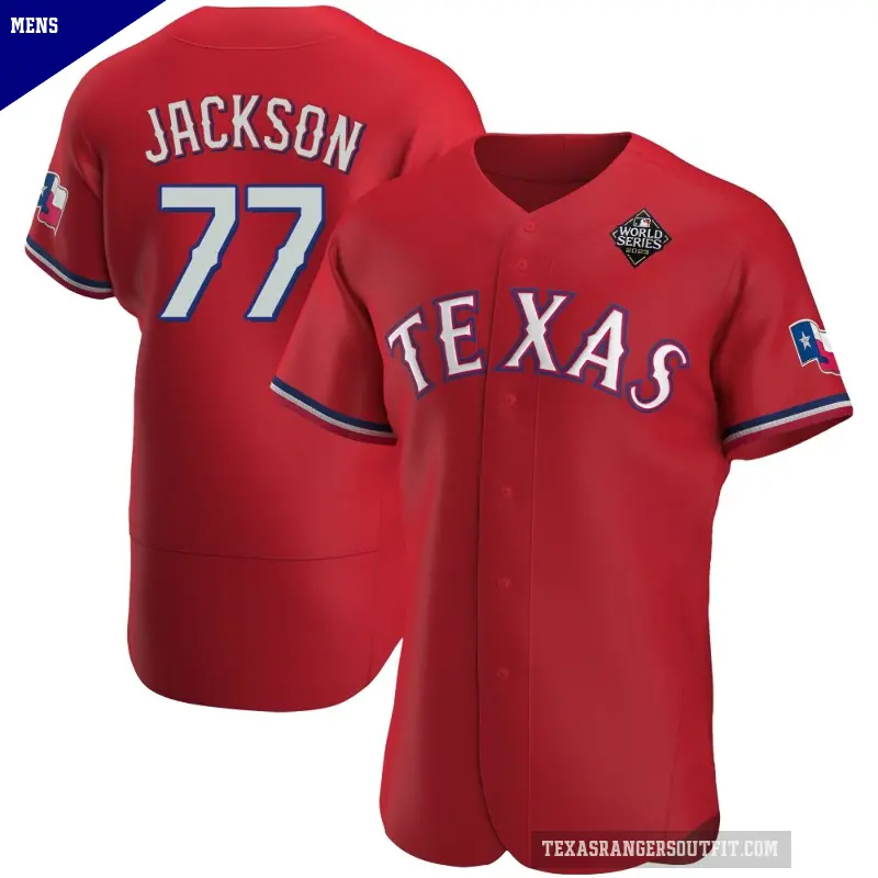 Men's No.77 Luke Jackson Texas Rangers Red Authentic Alternate 2023 World Series Jersey