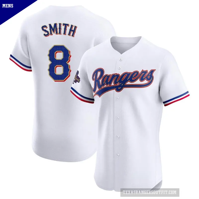 Men's No.8 Josh Smith Texas Rangers Gold Elite White 2024 Collection Jersey