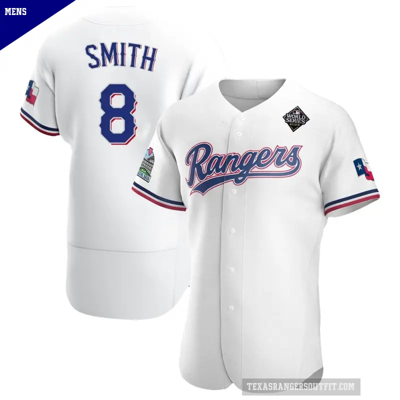 Men's No.8 Josh Smith Texas Rangers White Authentic Home 2023 World Series Jersey