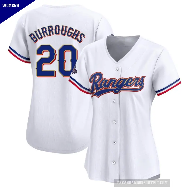 Women's No.20 Jeff Burroughs Texas Rangers Gold Limited White 2024 Collection Jersey
