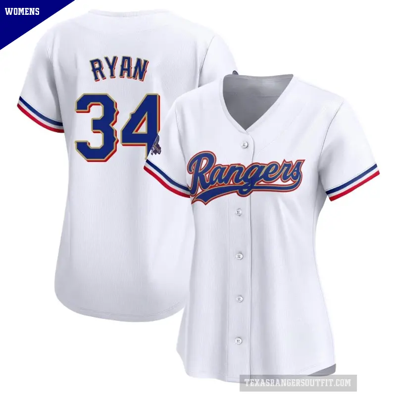 Women's No.34 Nolan Ryan Texas Rangers Gold Limited White 2024 Collection Jersey