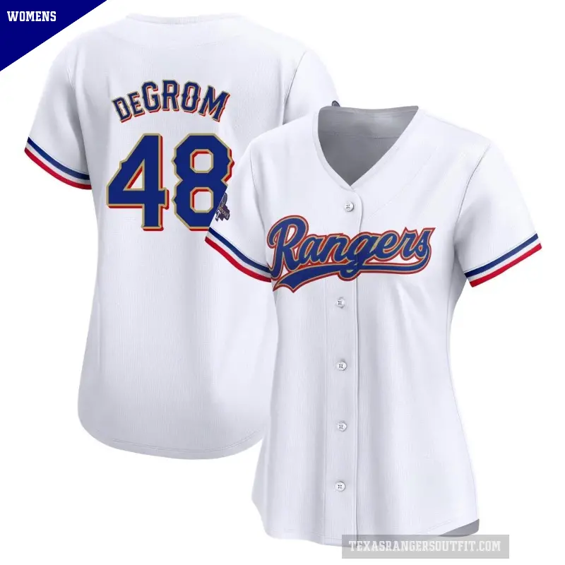 Women's No.48 Jacob deGrom Texas Rangers Gold Limited White 2024 Collection Jersey