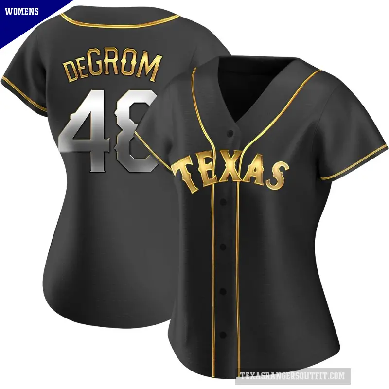 Women's No.48 Jacob deGrom Texas Rangers Gold Replica Black en Alternate Jersey
