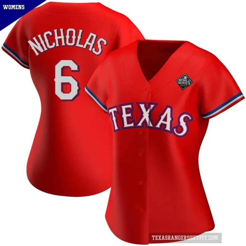 Women's No.6 Brett Nicholas Texas Rangers Red Replica Alternate 2023 World Series Jersey
