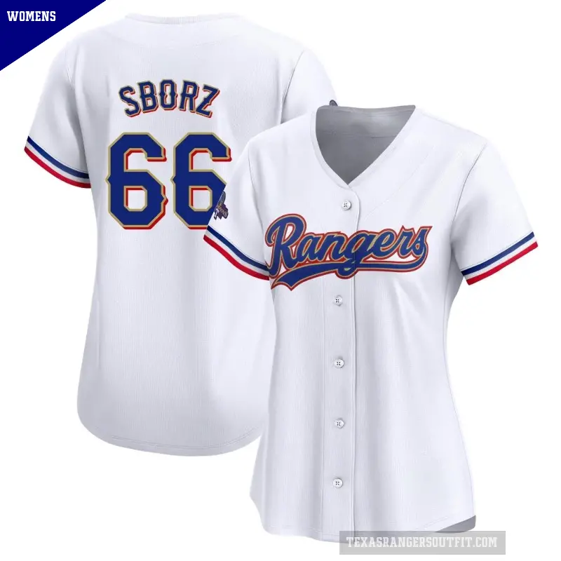 Women's No.66 Josh Sborz Texas Rangers Gold Limited White 2024 Collection Jersey