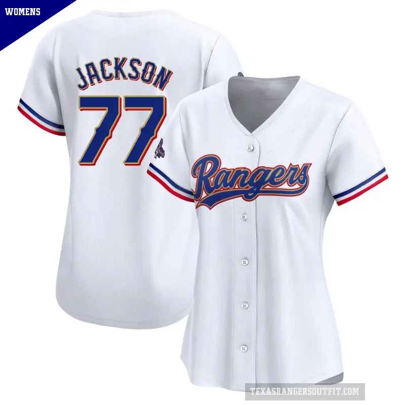 Women's No.77 Luke Jackson Texas Rangers Gold Limited White 2024 Collection Jersey