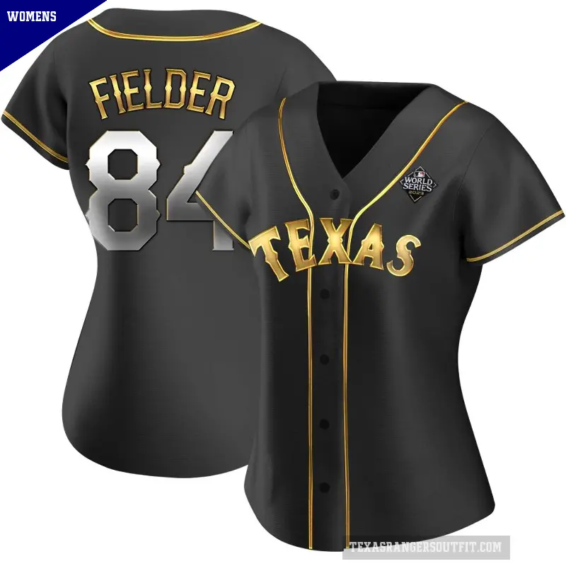 Women's No.84 Prince Fielder Texas Rangers Gold Replica Black en Alternate 2023 World Series Jersey
