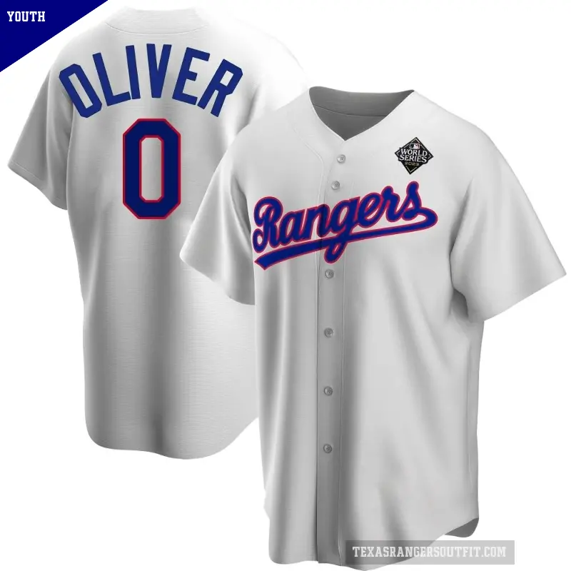 Youth No.0 Al Oliver Texas Rangers White Replica Home Cooperstown Collection 2023 World Series Jersey