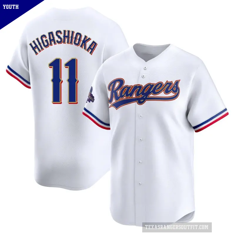 Youth No.11 Kyle Higashioka Texas Rangers Gold Limited White 2024 Collection Jersey