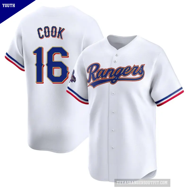 Youth No.16 Casey Cook Texas Rangers Gold Limited White 2024 Collection Jersey