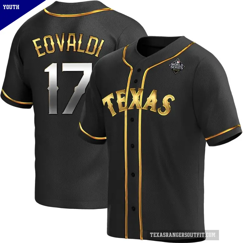 Youth No.17 Nathan Eovaldi Texas Rangers Gold Replica Black en Alternate 2023 World Series Jersey