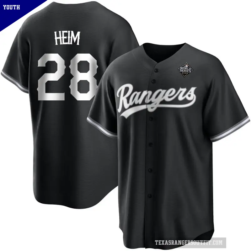 Youth No.28 Jonah Heim Texas Rangers White Replica Black 2023 World Series Jersey