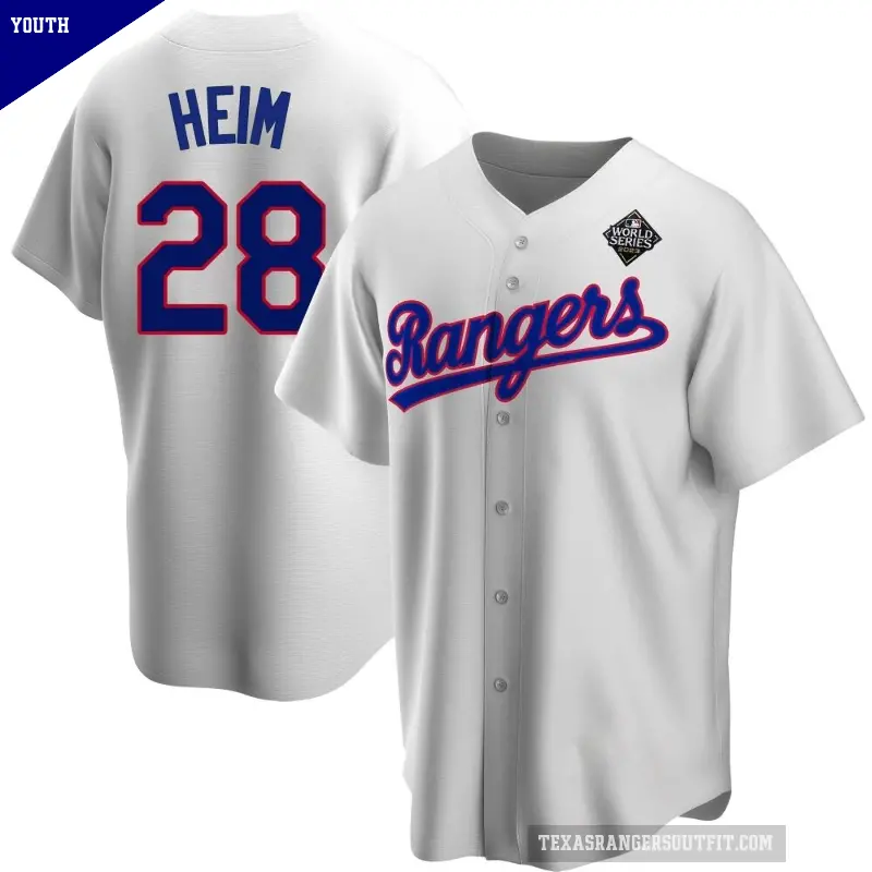 Youth No.28 Jonah Heim Texas Rangers White Replica Home Cooperstown Collection 2023 World Series Jersey