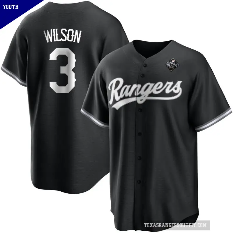 Youth No.3 Russell Wilson Texas Rangers White Replica Black 2023 World Series Jersey