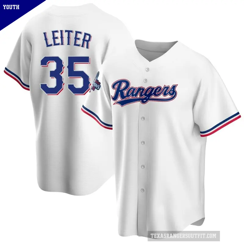 Youth No.35 Jack Leiter Texas Rangers White Replica Home 2023 World Series Champions Jersey