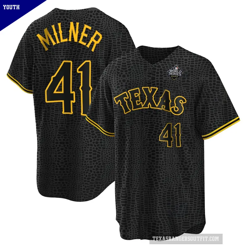 Youth No.41 Hoby Milner Texas Rangers Black Replica Snake Skin City 2023 World Series Jersey