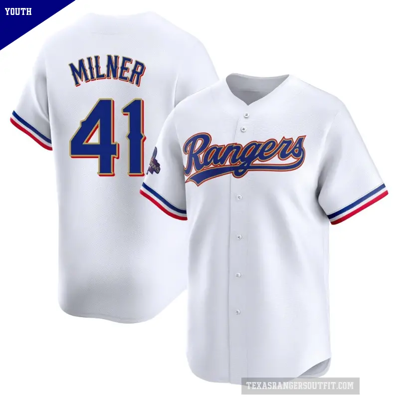 Youth No.41 Hoby Milner Texas Rangers Gold Limited White 2024 Collection Jersey