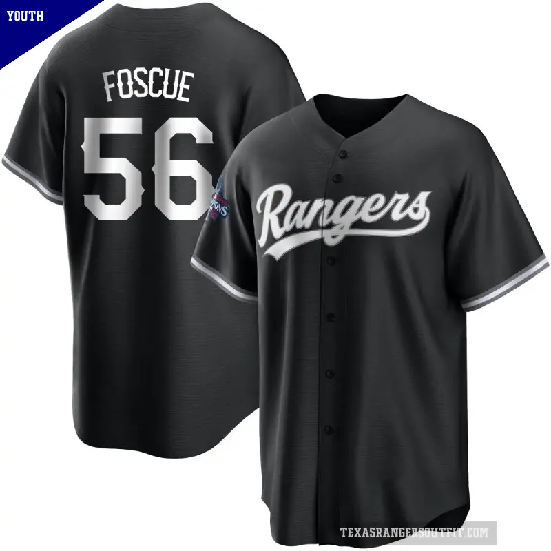 Youth No.56 Justin Foscue Texas Rangers White Replica Black 2023 World Series Champions Jersey