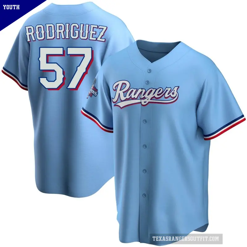 Youth No.57 Yerry Rodriguez Texas Rangers Light Blue Replica Alternate 2023 World Series Champions Jersey