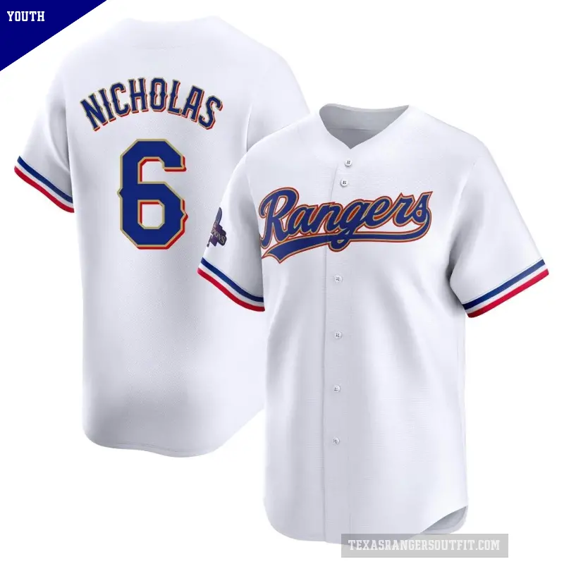 Youth No.6 Brett Nicholas Texas Rangers Gold Limited White 2024 Collection Jersey