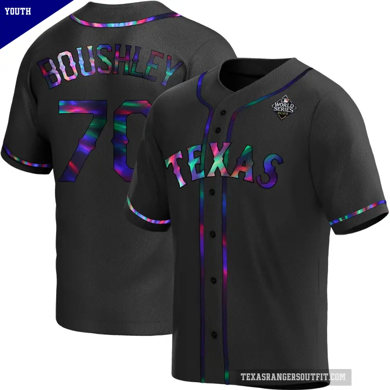 Youth No.70 Caleb Boushley Texas Rangers Black Replica Holographic Alternate 2023 World Series Jersey