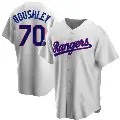 Youth No.70 Caleb Boushley Texas Rangers White Replica Home Cooperstown Collection 2023 World Series Champions Jersey